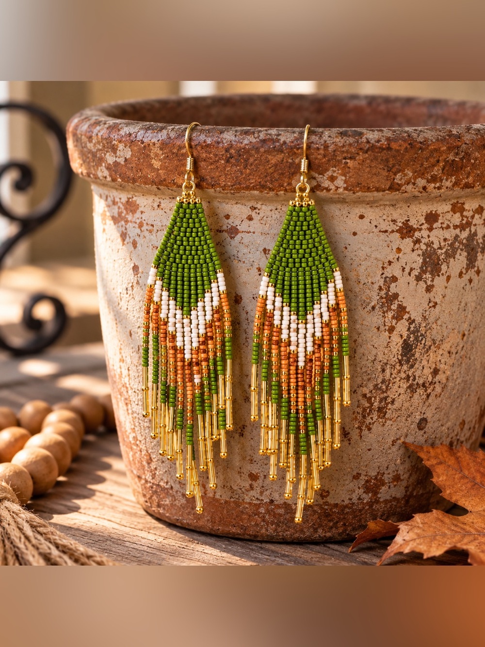 Handcrafted Boho Beaded Fringe Earrings 5” Long Statement Dangle